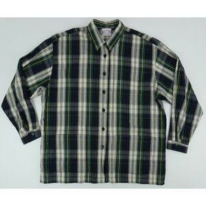 David Smith Country Sport Mens Large LS Green Blue Plaid Rayon Field Chore Shirt